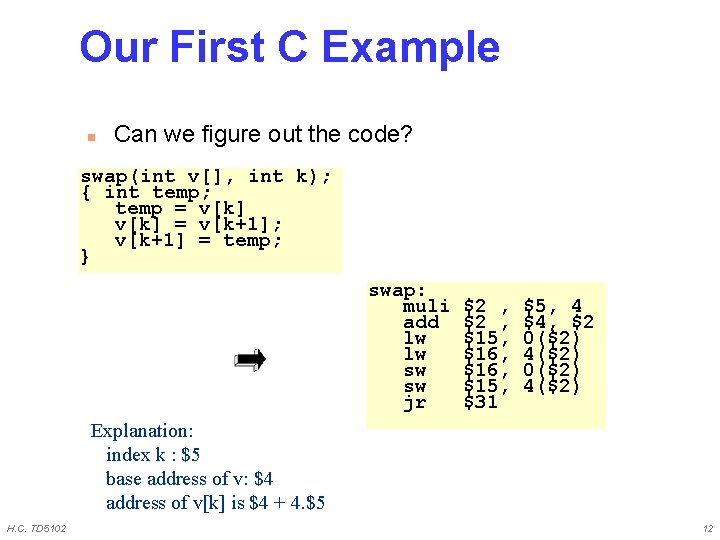 Our First C Example n Can we figure out the code? swap(int v[], int