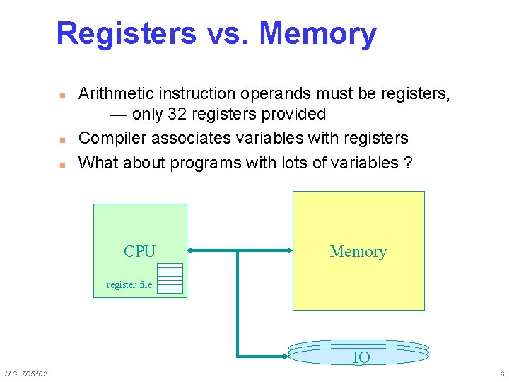 Registers vs. Memory n n n Arithmetic instruction operands must be registers, — only Registers vs. Memory n n n Arithmetic instruction operands must be registers, — only