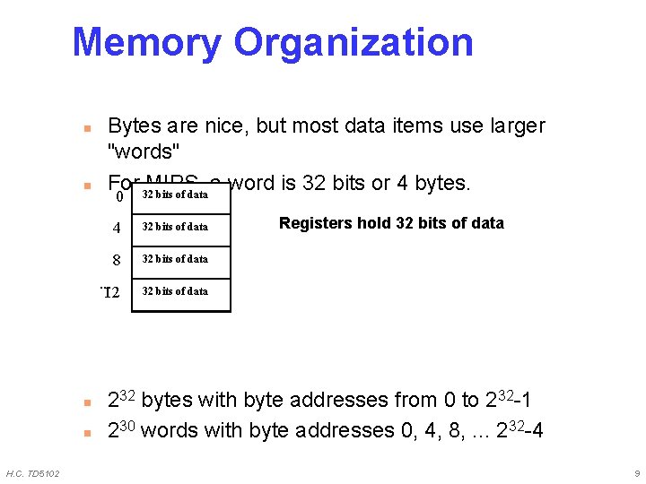 Memory Organization n n H. C. TD 5102 Bytes are nice, but most data