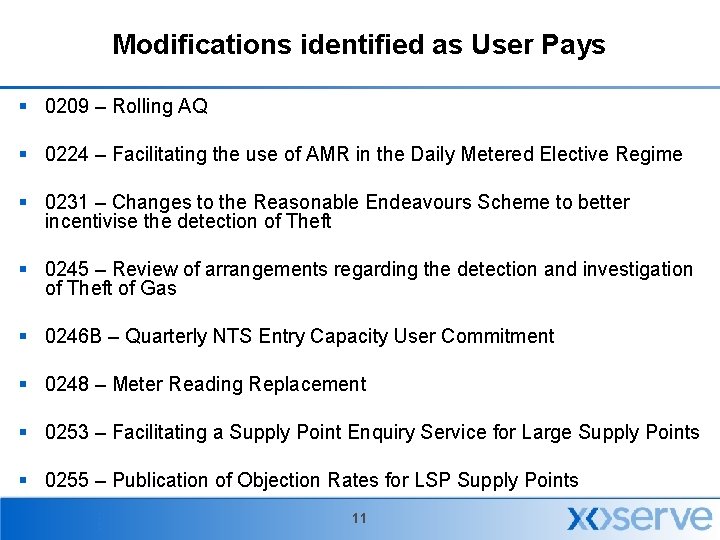 Modifications identified as User Pays § 0209 – Rolling AQ § 0224 – Facilitating