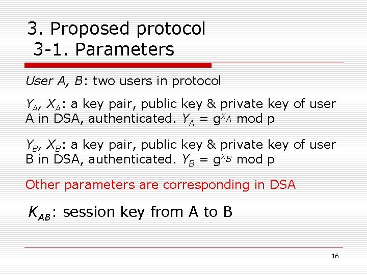 3. Proposed protocol 3 -1. Parameters User A, B: two users in protocol YA,