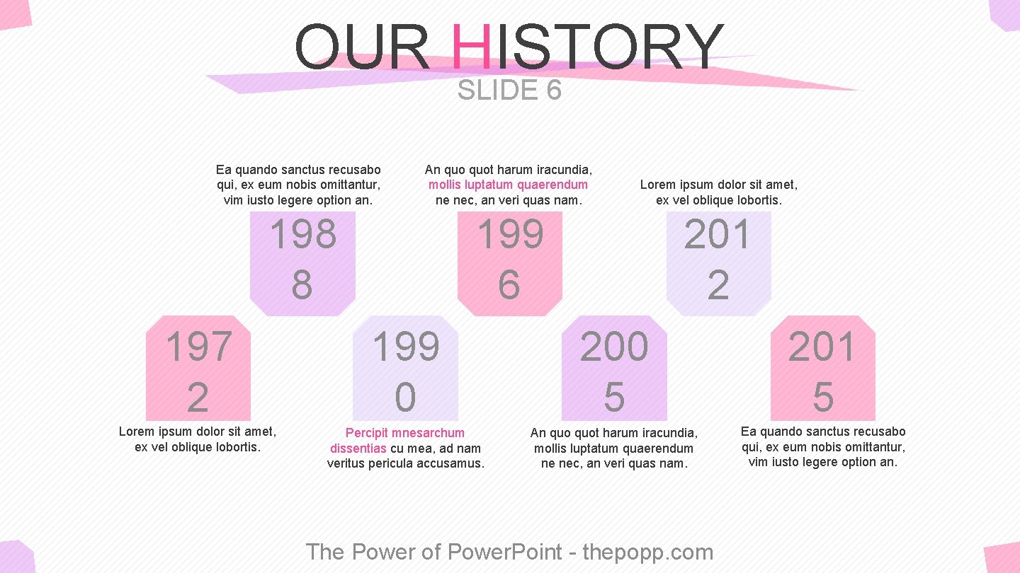 OUR HISTORY SLIDE 6 Ea quando sanctus recusabo qui, ex eum nobis omittantur, vim