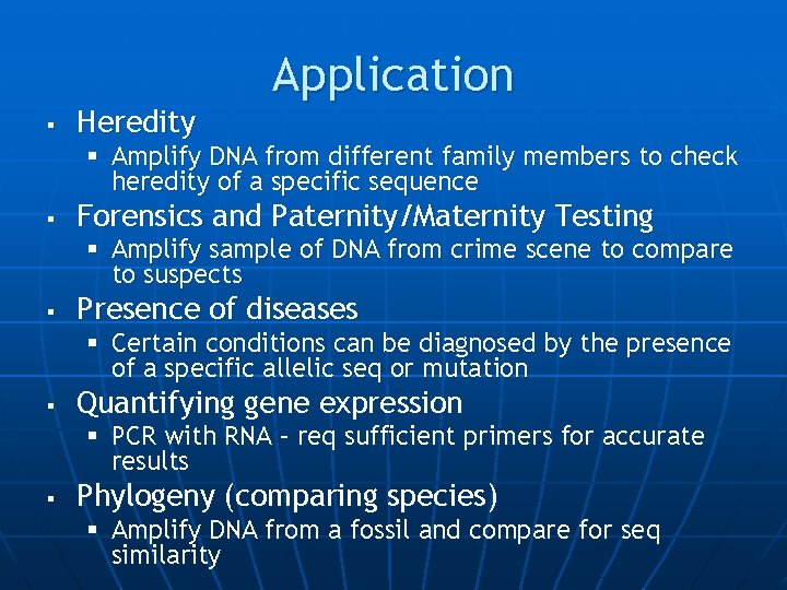 Application § Heredity § Amplify DNA from different family members to check heredity of
