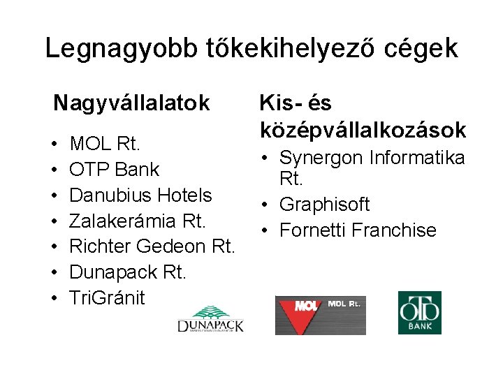 Legnagyobb tőkekihelyező cégek Nagyvállalatok • • MOL Rt. OTP Bank Danubius Hotels Zalakerámia Rt.