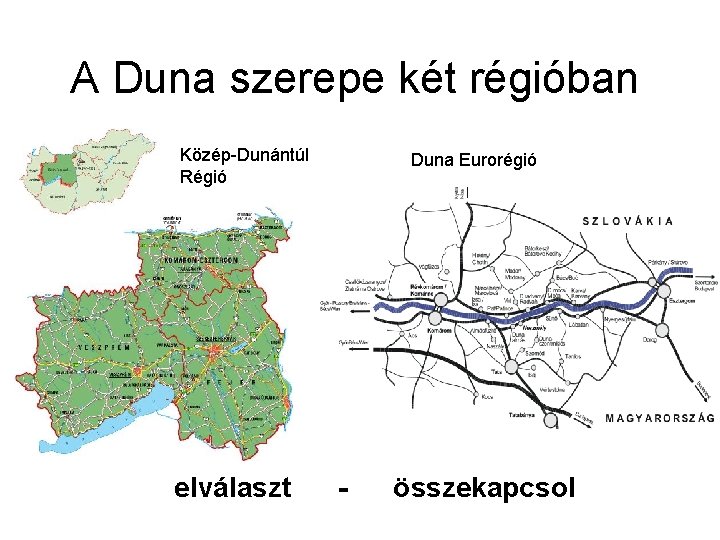 A Duna szerepe két régióban Közép-Dunántúl Régió elválaszt Duna Eurorégió - összekapcsol 