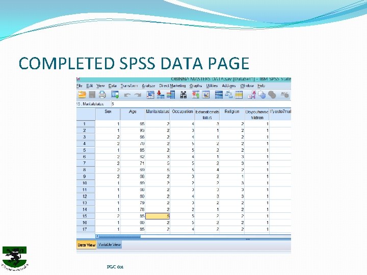 COMPLETED SPSS DATA PAGE PGC 601 