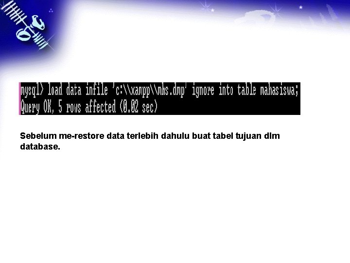 Sebelum me-restore data terlebih dahulu buat tabel tujuan dlm database. 