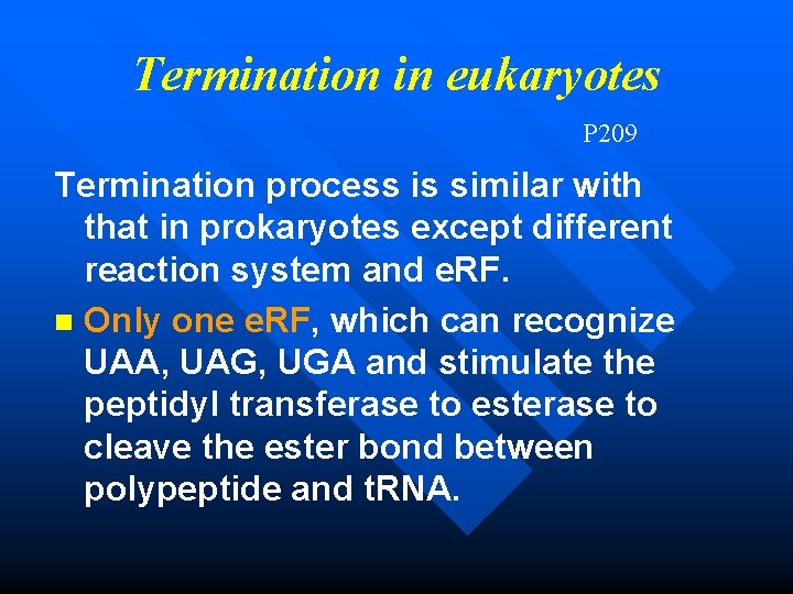 Termination in eukaryotes P 209 Termination process is similar with that in prokaryotes except