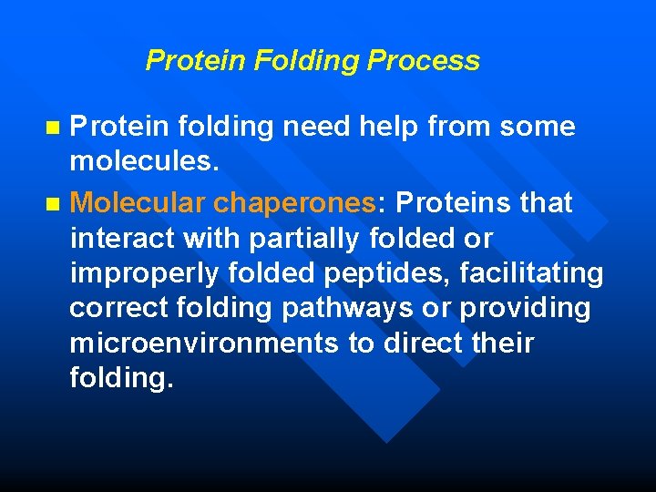  Protein Folding Process Protein folding need help from some molecules. n Molecular chaperones: