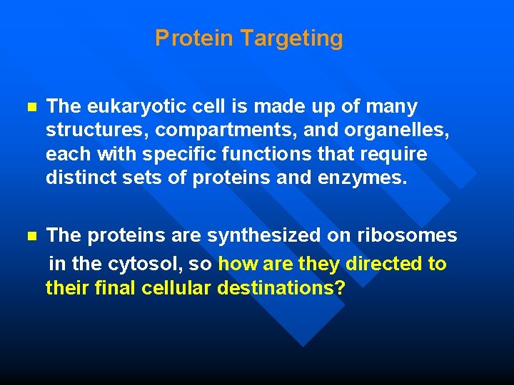 Protein Targeting n The eukaryotic cell is made up of many structures, compartments, and