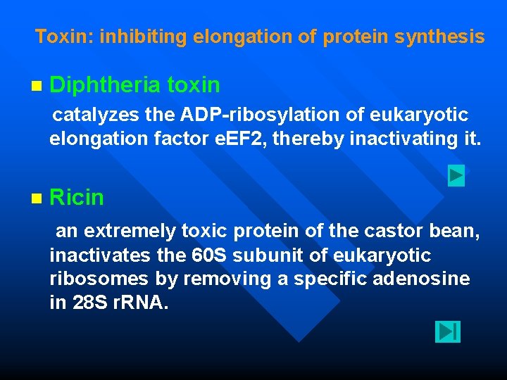 Toxin: inhibiting elongation of protein synthesis n Diphtheria toxin catalyzes the ADP-ribosylation of eukaryotic