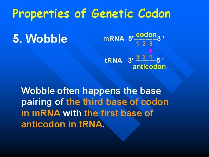 Properties of Genetic Codon 5. Wobble codon m. RNA 5 -----3 1 2 3