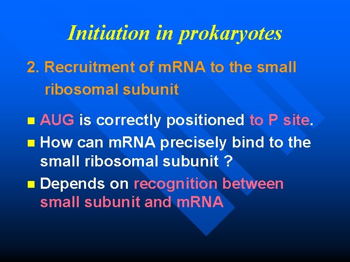 Initiation in prokaryotes 2. Recruitment of m. RNA to the small ribosomal subunit AUG