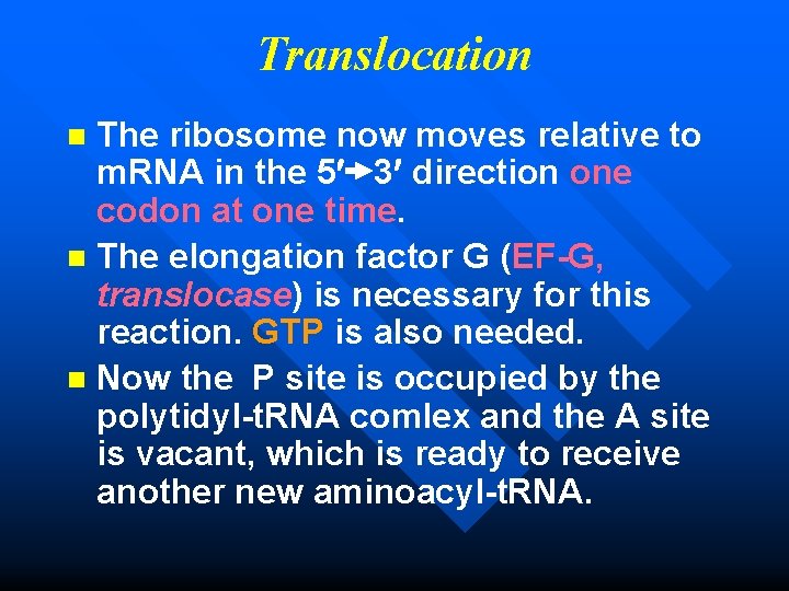 Translocation The ribosome now moves relative to m. RNA in the 5 3 direction