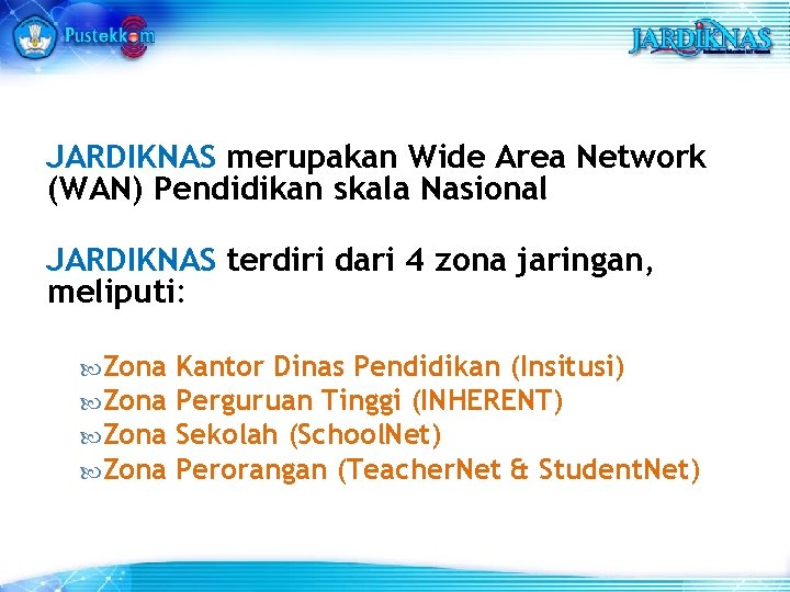 JARDIKNAS merupakan Wide Area Network (WAN) Pendidikan skala Nasional JARDIKNAS terdiri dari 4 zona
