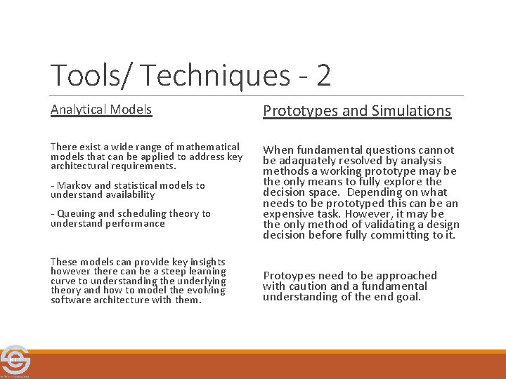 Tools/ Techniques - 2 Analytical Models Prototypes and Simulations There exist a wide range