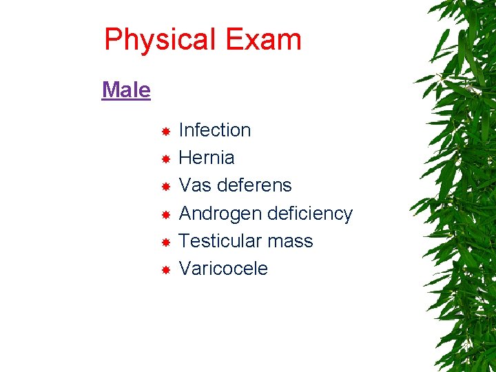 Physical Exam Male Infection Hernia Vas deferens Androgen deficiency Testicular mass Varicocele 