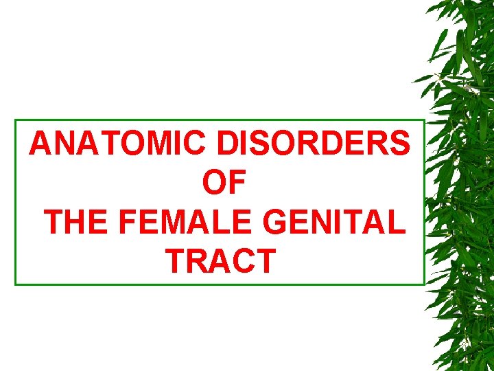 ANATOMIC DISORDERS OF THE FEMALE GENITAL TRACT 