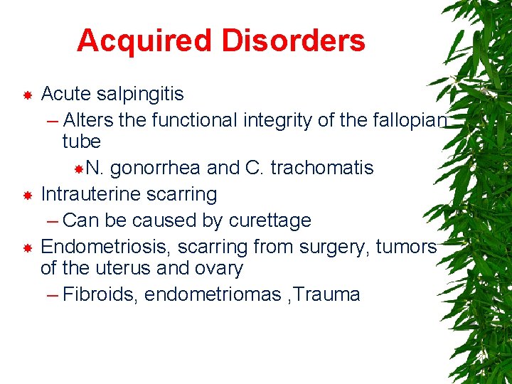 Acquired Disorders Acute salpingitis – Alters the functional integrity of the fallopian tube N.