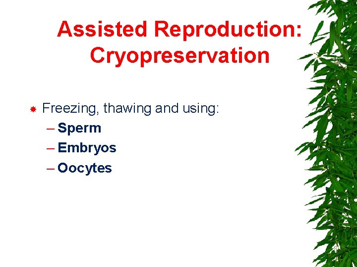 Assisted Reproduction: Cryopreservation Freezing, thawing and using: – Sperm – Embryos – Oocytes 