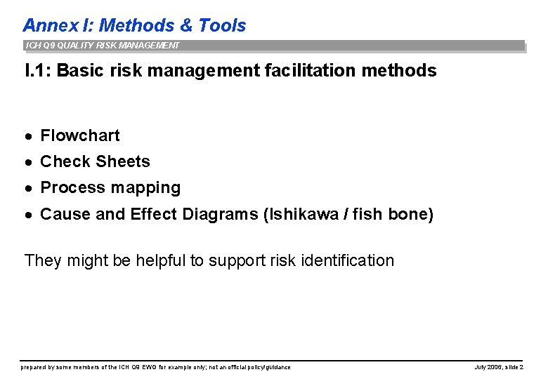 Annex I: Methods & Tools ICH Q 9 QUALITY RISK MANAGEMENT I. 1: Basic