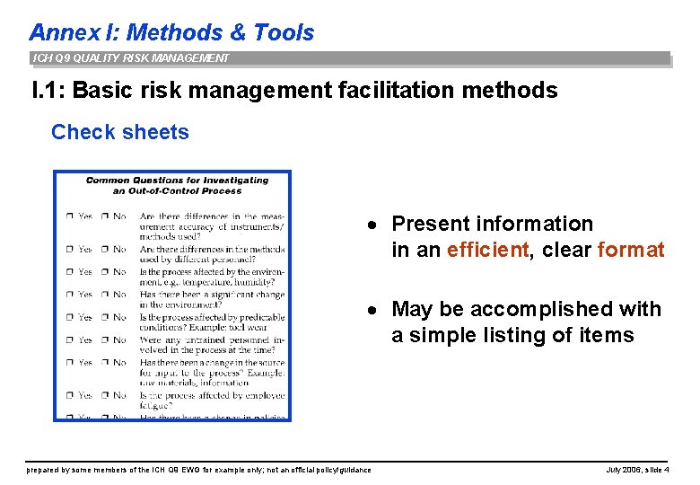 Annex I: Methods & Tools ICH Q 9 QUALITY RISK MANAGEMENT I. 1: Basic