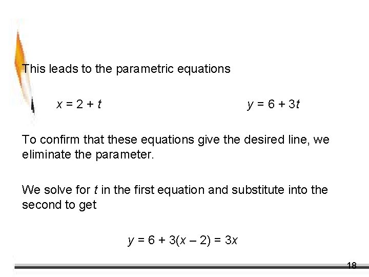 Example 5 – Solution cont’d This leads to the parametric equations x=2+t y =