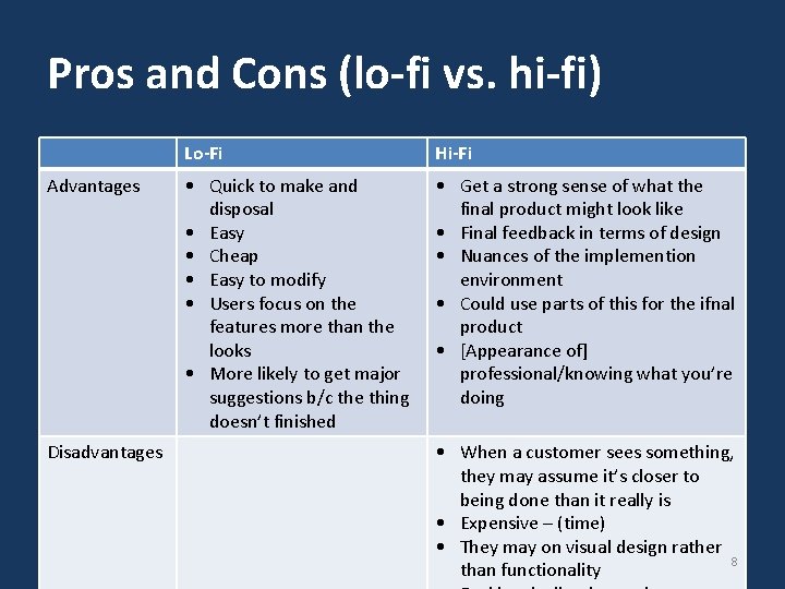 Pros and Cons (lo-fi vs. hi-fi) Advantages Disadvantages Lo-Fi Hi-Fi • Quick to make