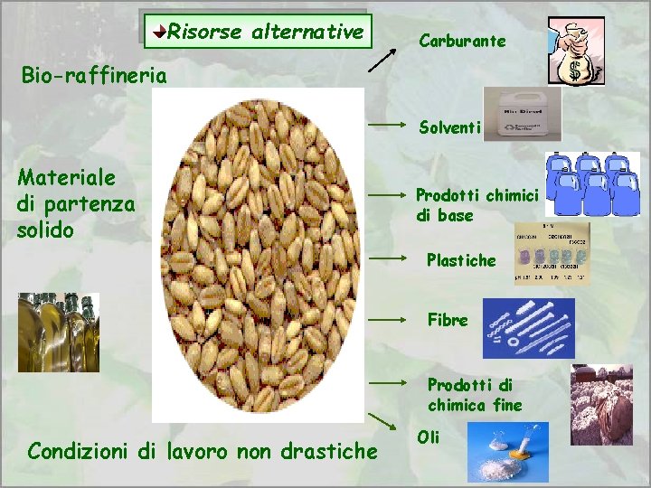 Risorse alternative Carburante Bio-raffineria Solventi Materiale di partenza solido Prodotti chimici di base Plastiche