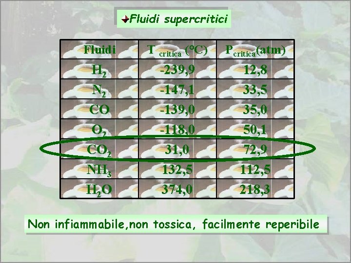 Fluidi supercritici Fluidi T critica (°C) Pcritica(atm) H 2 N 2 CO O 2