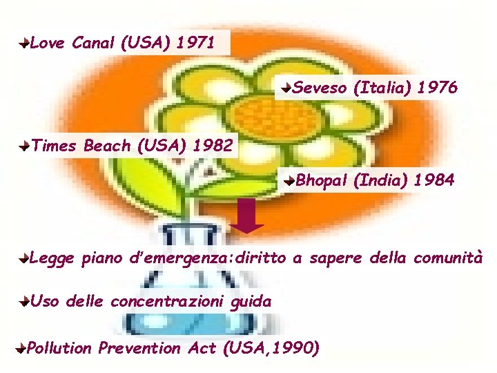 Love Canal (USA) 1971 Seveso (Italia) 1976 Times Beach (USA) 1982 Bhopal (India) 1984