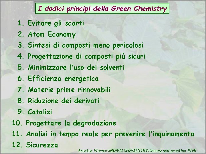 I dodici principi della Green Chemistry 1. Evitare gli scarti 2. Atom Economy 3.