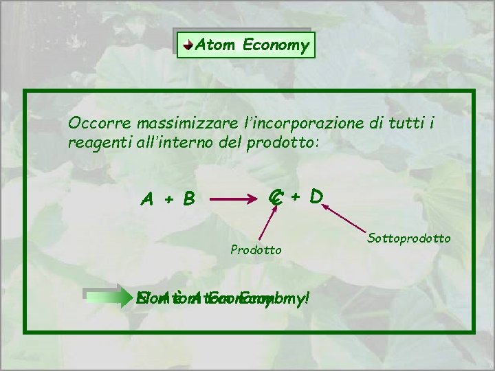Atom Economy Occorre massimizzare l’incorporazione di tutti i reagenti all’interno del prodotto: A +