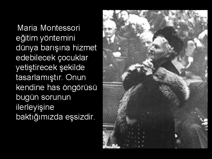 Maria Montessori eğitim yöntemini dünya barışına hizmet edebilecek çocuklar yetiştirecek şekilde tasarlamıştır. Onun kendine