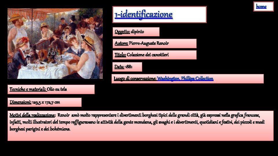 1 -identificazione home Oggetto: dipinto Autore: Pierre-Auguste Renoir Titolo: Colazione dei canottieri Data: 1881