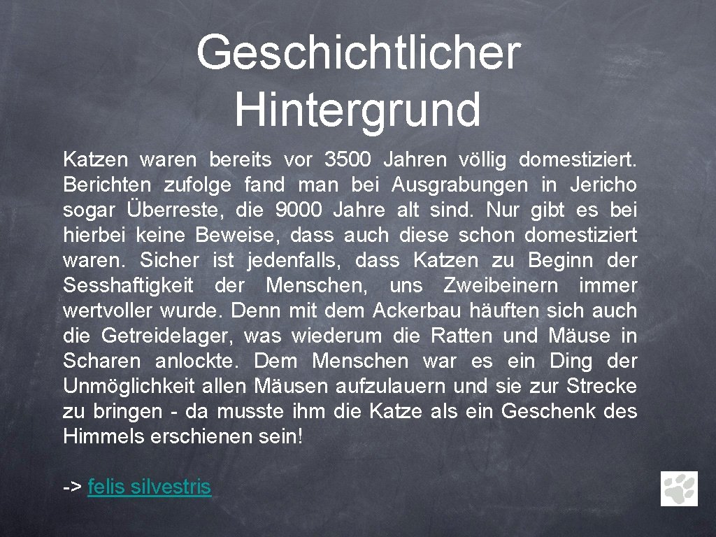 Geschichtlicher Hintergrund Katzen waren bereits vor 3500 Jahren völlig domestiziert. Berichten zufolge fand man