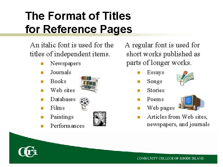 The Format of Titles for Reference Pages An italic font is used for the