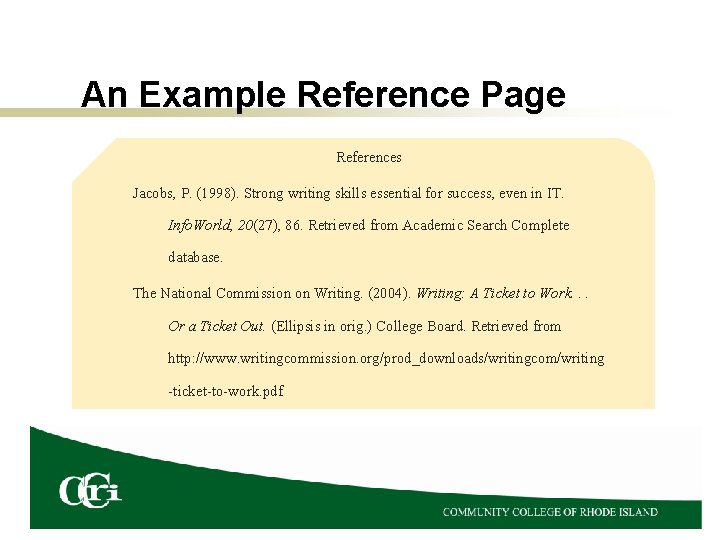 An Example Reference Page References Jacobs, P. (1998). Strong writing skills essential for success,