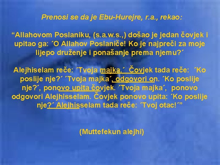 Prenosi se da je Ebu-Hurejre, r. a. , rekao: “Allahovom Poslaniku, (s. a. w.