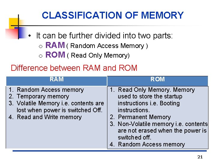 CLASSIFICATION OF MEMORY • It can be further divided into two parts: o RAM