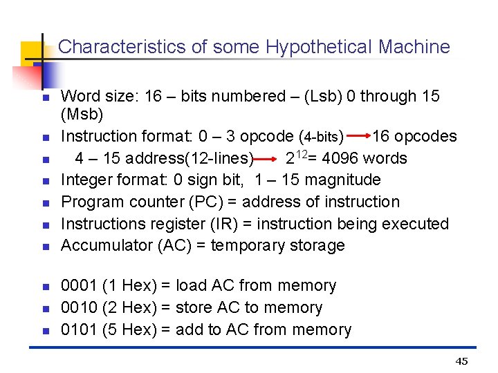 Characteristics of some Hypothetical Machine n n n n n Word size: 16 –