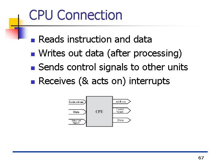 CPU Connection n n Reads instruction and data Writes out data (after processing) Sends