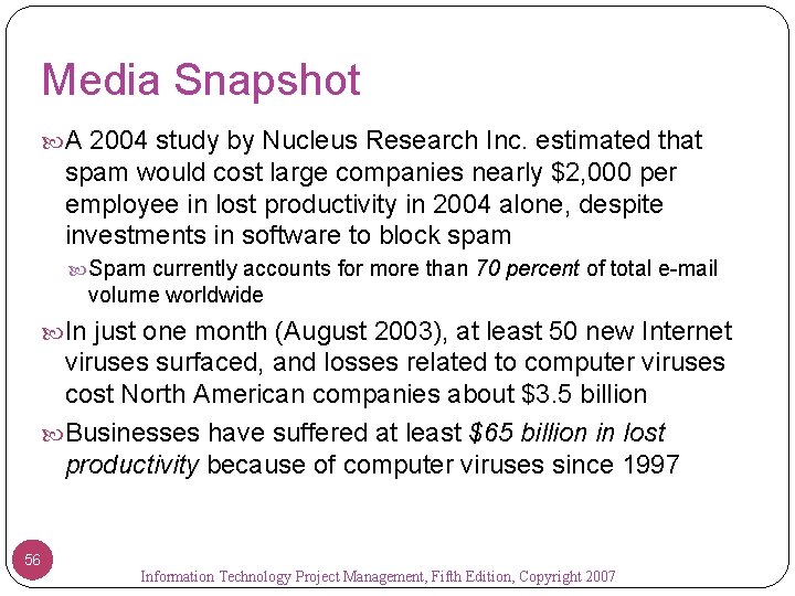 Media Snapshot A 2004 study by Nucleus Research Inc. estimated that spam would cost