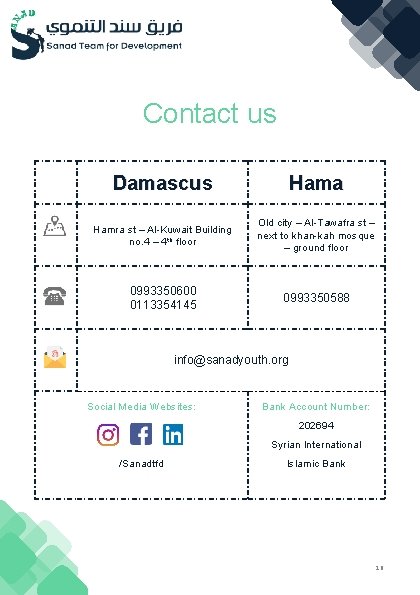 Contact us Damascus Hama Hamra st – Al-Kuwait Building no. 4 – 4 th