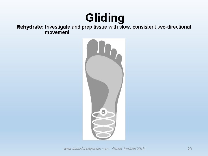 Gliding Rehydrate: Investigate and prep tissue with slow, consistent two-directional movement www. intrinsicbodyworks. com