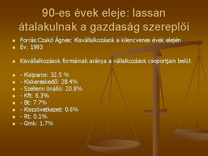 90 -es évek eleje: lassan átalakulnak a gazdaság szereplői n Forrás: Czakó Ágnes: Kisvállalkozások