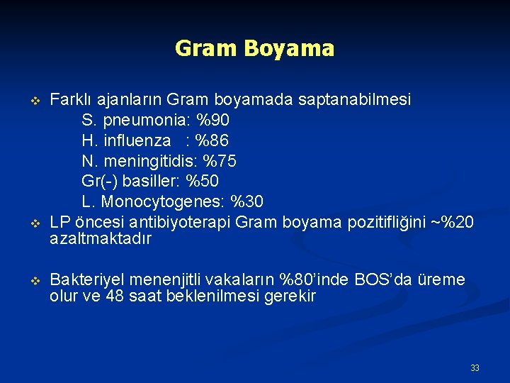 Gram Boyama v v v Farklı ajanların Gram boyamada saptanabilmesi S. pneumonia: %90 H.