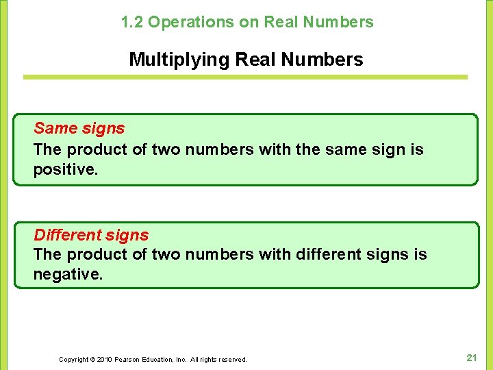 1. 2 Operations on Real Numbers Multiplying Real Numbers Same signs The product of