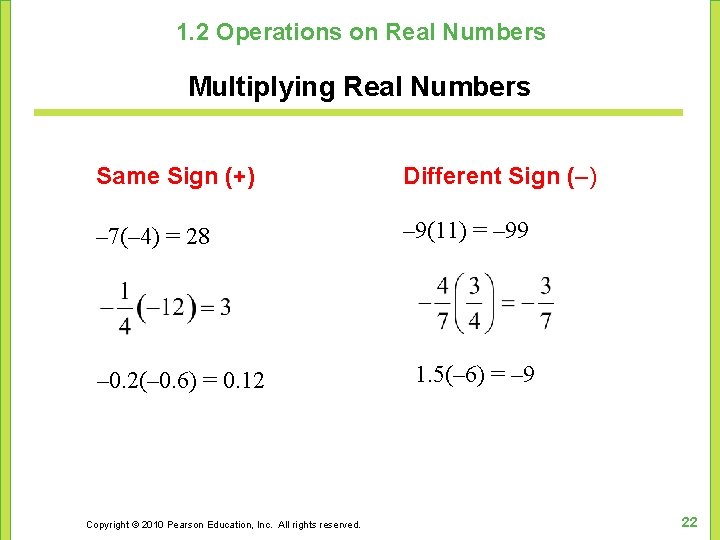 1. 2 Operations on Real Numbers Multiplying Real Numbers Same Sign (+) Different Sign