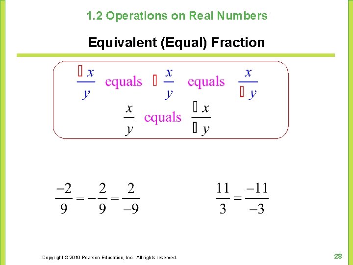 1. 2 Operations on Real Numbers Equivalent (Equal) Fraction Copyright © 2010 Pearson Education,